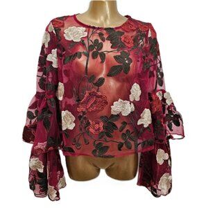 KTOO wine lace sheer top size M